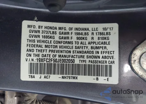 2018 Honda Civic Lx from USA, damaged, VIN 19XFC2F50JE002050